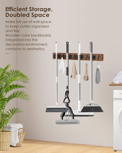 AceMining Broom Holder Wall Mounted, White 4 Holders and 4 Hooks Mop Holder, Wooden Mop and Broom Holder with Anti slip rubber, Natural pine wood Brush Holder, Mop Wall Holde with Nail installation