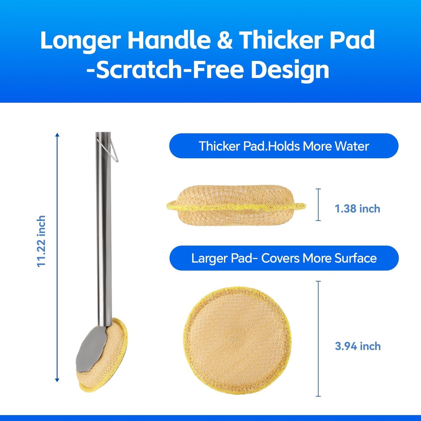Kitchen Cleaning Brush with Handle, Non-Scratch Preserve Seasoning for Wok, Cast Iron Skillet, Pans, Oven Racks, Air Fryer, Jars - Stainless Steel Handle