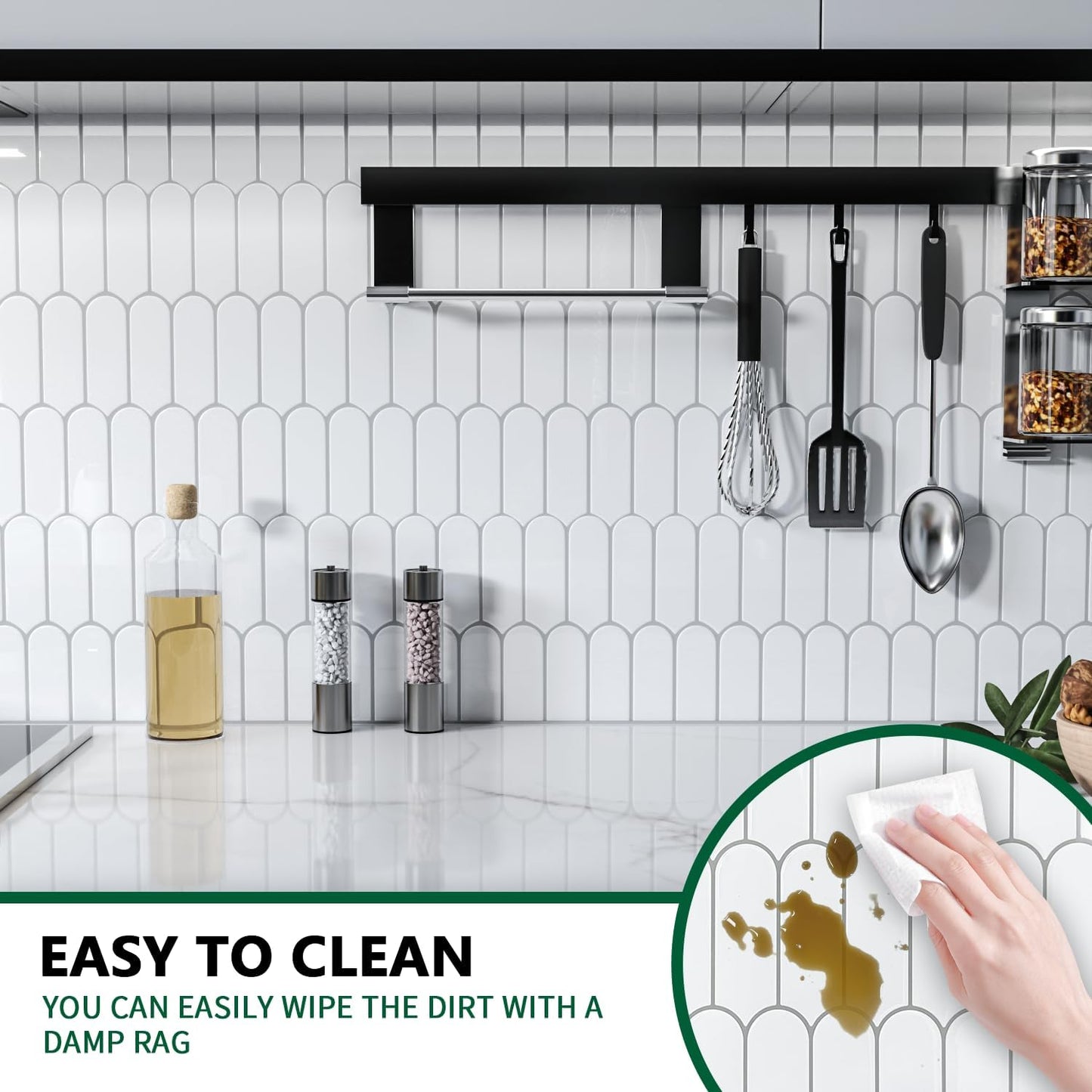 10 Sheet Peel and Stick Backsplash Tile for Kitchen, 12” x 12” Self Adhesive Glossy Vinyl Wall Subway Tiles Waterproof No Residual for Bathroom Fireplace, White with Gray Grout