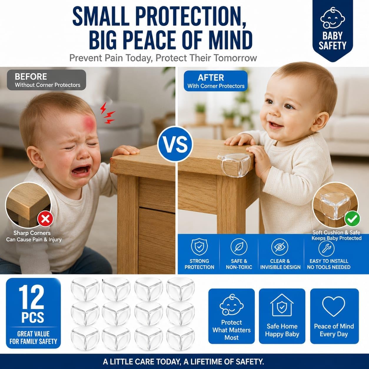 Corner Guard Baby Proofing 12 Packs - Clear Coerner Protectors with Strong Adhesive for Furniture, BPA Free, Soft PVC Edges Safety Bumpers for Tables, Cabinets, DESKS & Countertops