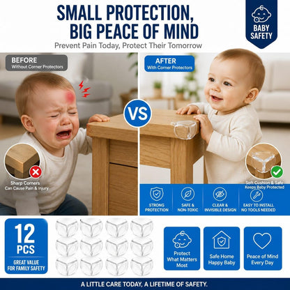 Corner Guard Baby Proofing 12 Packs - Clear Coerner Protectors with Strong Adhesive for Furniture, BPA Free, Soft PVC Edges Safety Bumpers for Tables, Cabinets, DESKS & Countertops
