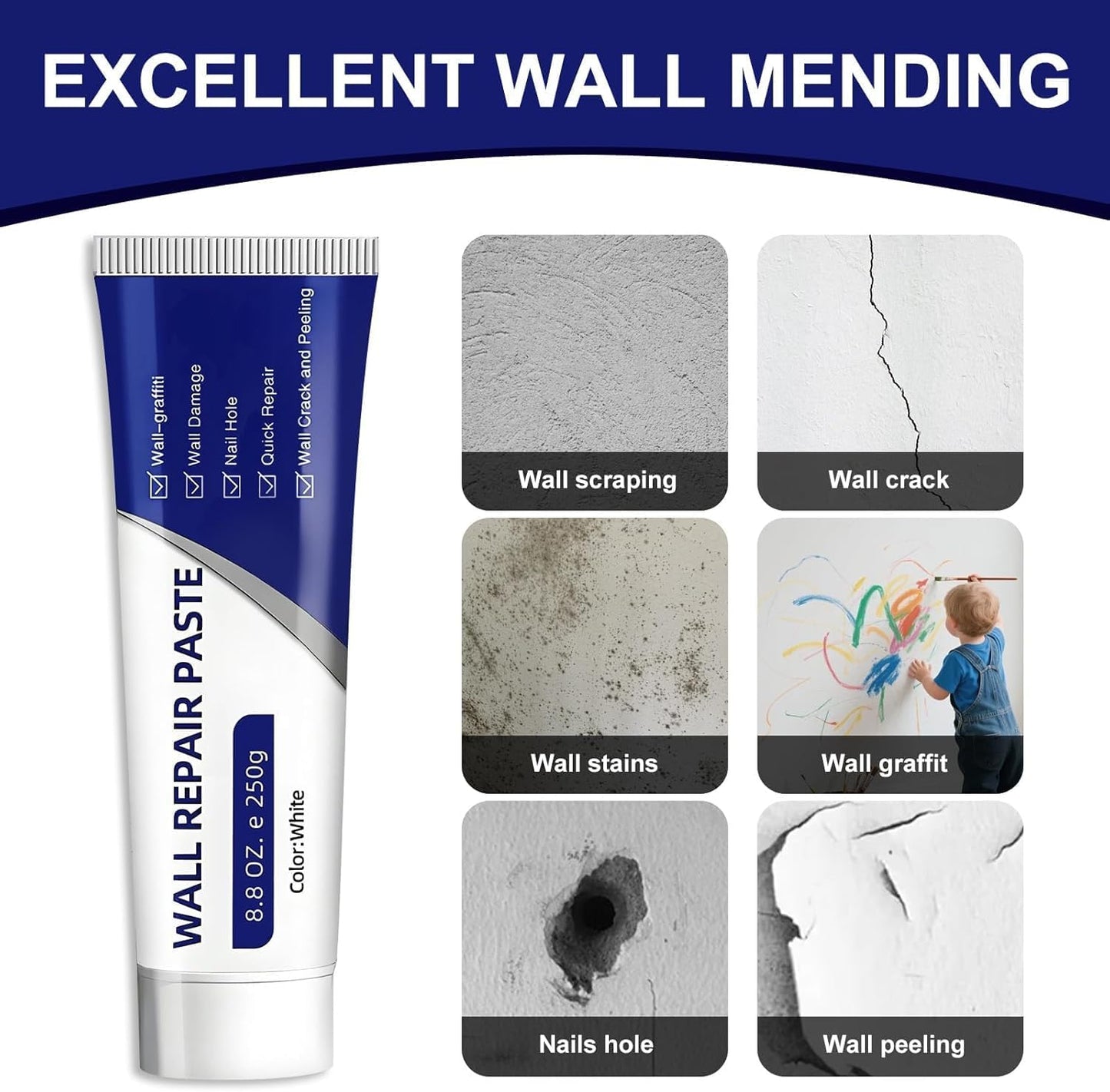 Drywall Repair Kit, White Wall Repair Paste, Multi-Functional Quick Drying Wall Mending Agent, for Cracks and Holes, with Scraper and Sandpaper