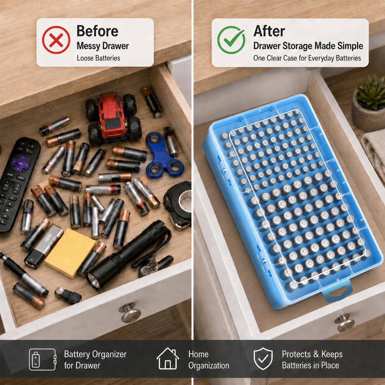 Xuerdon Battery Organizer Case with BT168 Tester 120+ Batteries Storage Box | Clear Plastic Battery Box Holds 49AA 51AAA 10CR2032 10CR1632 Batteries, Wall Mount Drawer Organizer Batteries not Included