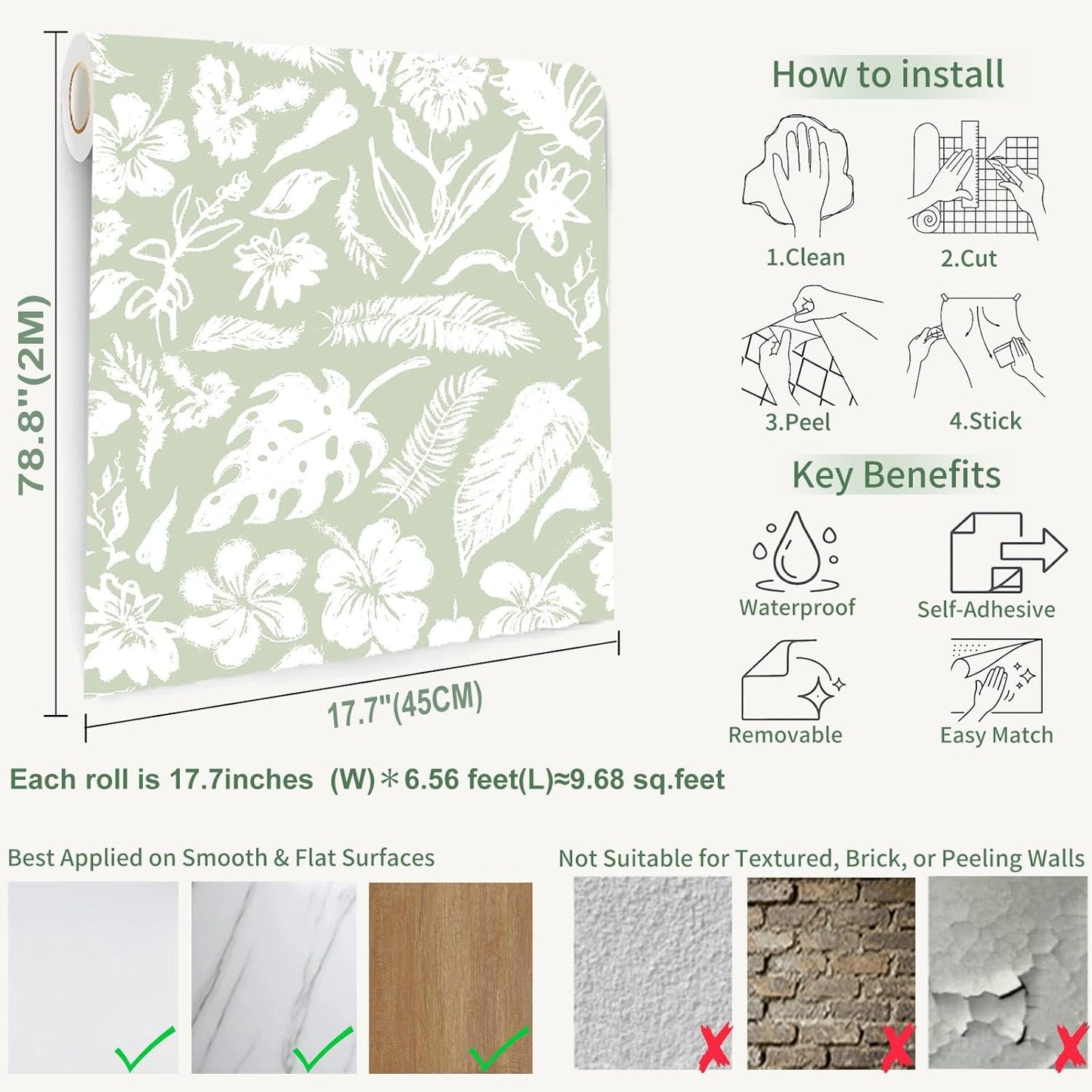 Green Botanical Floral Peel and Stick Wallpaper Self Adhesive Removable Thick Renter Friendly Wallpaper for Bedroom Accent Wall 17.7" x 118"