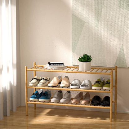 ROMGUAR CRAFT 3 Tier Bamboo Shoe Rack for Closet Free Standing Wood Shoe Shelf Storage Organizer for Entryway Small Space Stackable 27"x11"x20" (Natural)