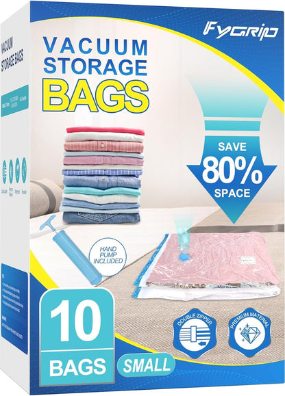 Fygrip Vacuum Storage Bags with Hand Pump, Plastic Packaging Bags, 80% Space Saver Vacuum Seal Bags for Clothing, Travel Lugggage, Blankets, Comforters, 10 Jumbo
