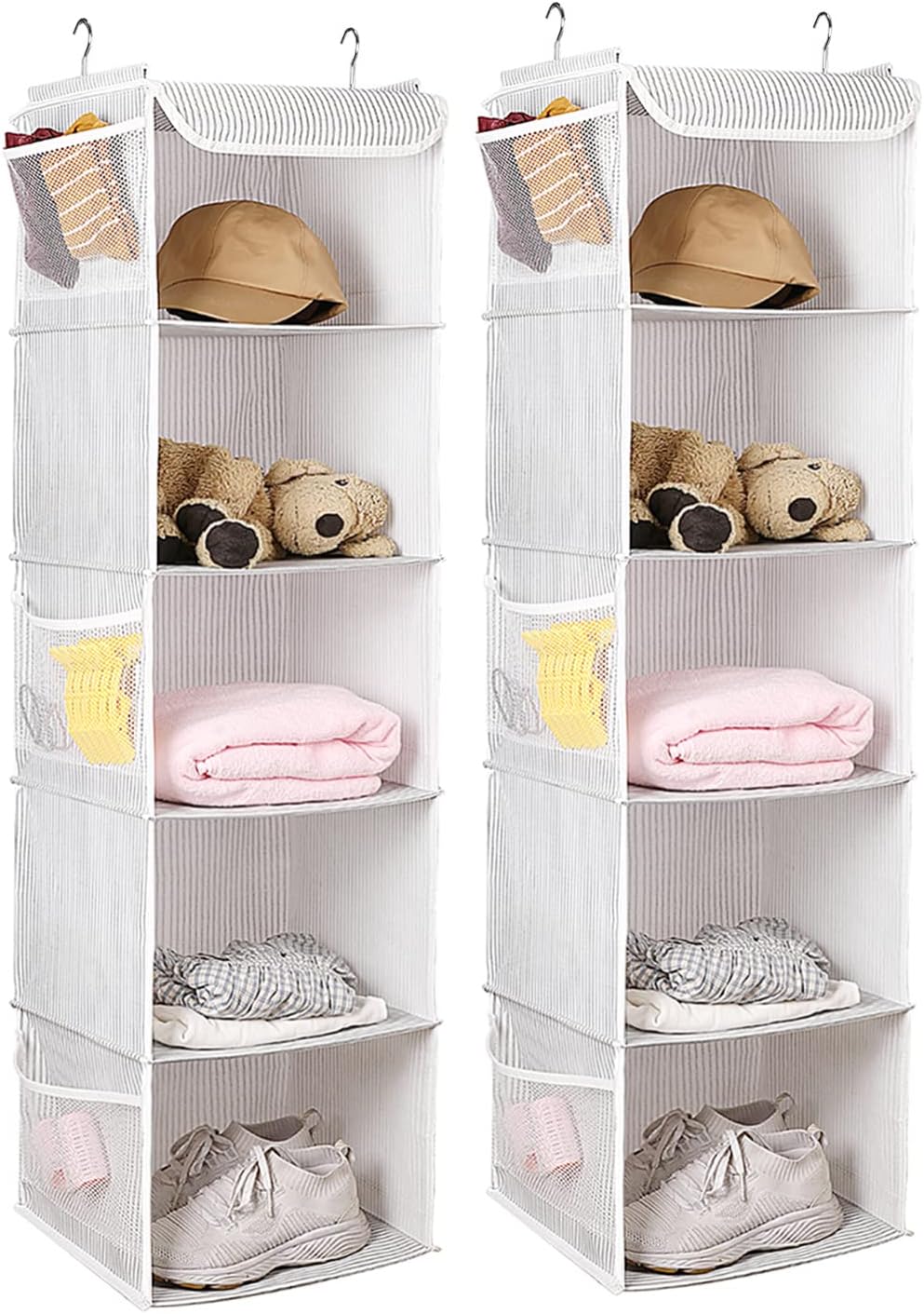 BrilliantJo 2 Pack Hanging Closet Organizer, 5 Shelves Hanging Storage with 6 Side Pockets for Clothes Shoes, 43"x12"x12"(Black)