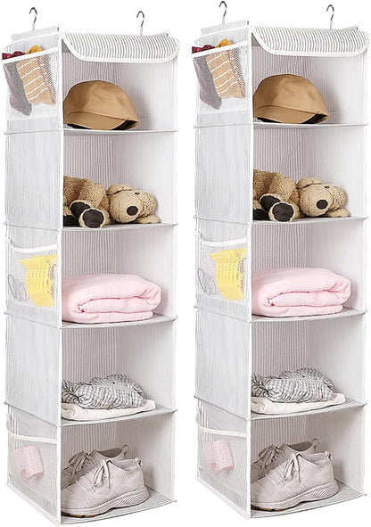 BrilliantJo 2 Pack Hanging Closet Organizer, 5 Shelves Hanging Storage with 6 Side Pockets for Clothes Shoes, 43"x12"x12"(Black)