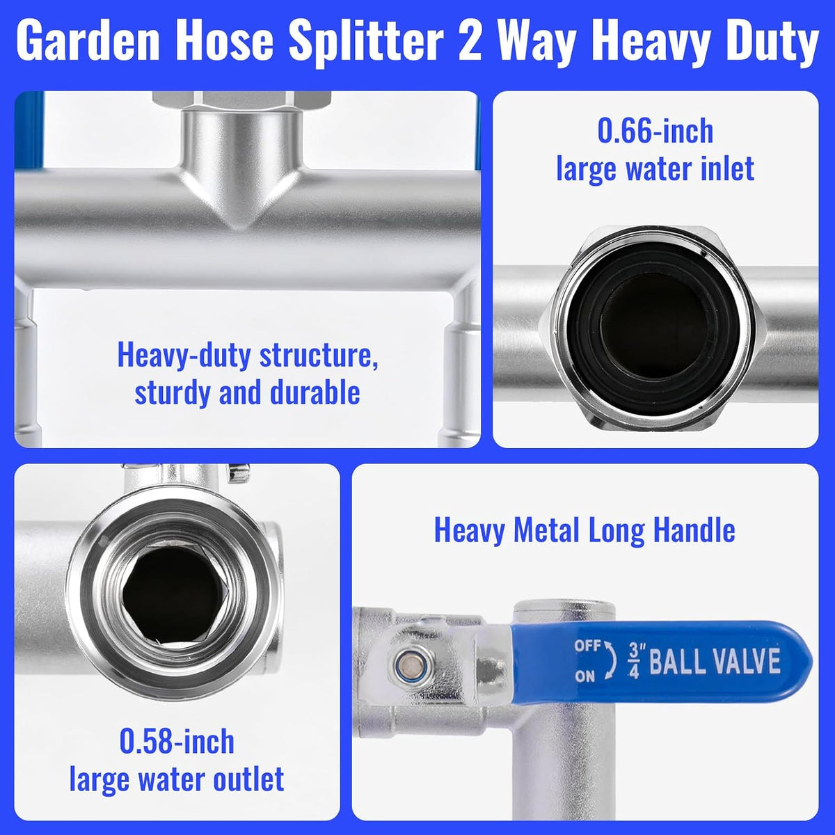 2 Way Garden Hose Splitter, Stainless Steel, Heavy Duty 304 Stainless Steel Full Flow T Valve with Long Handle, Lead-Free Rust & Freeze Resistant, 3/4" GHT Thread Outdoor Water Hose Adapter