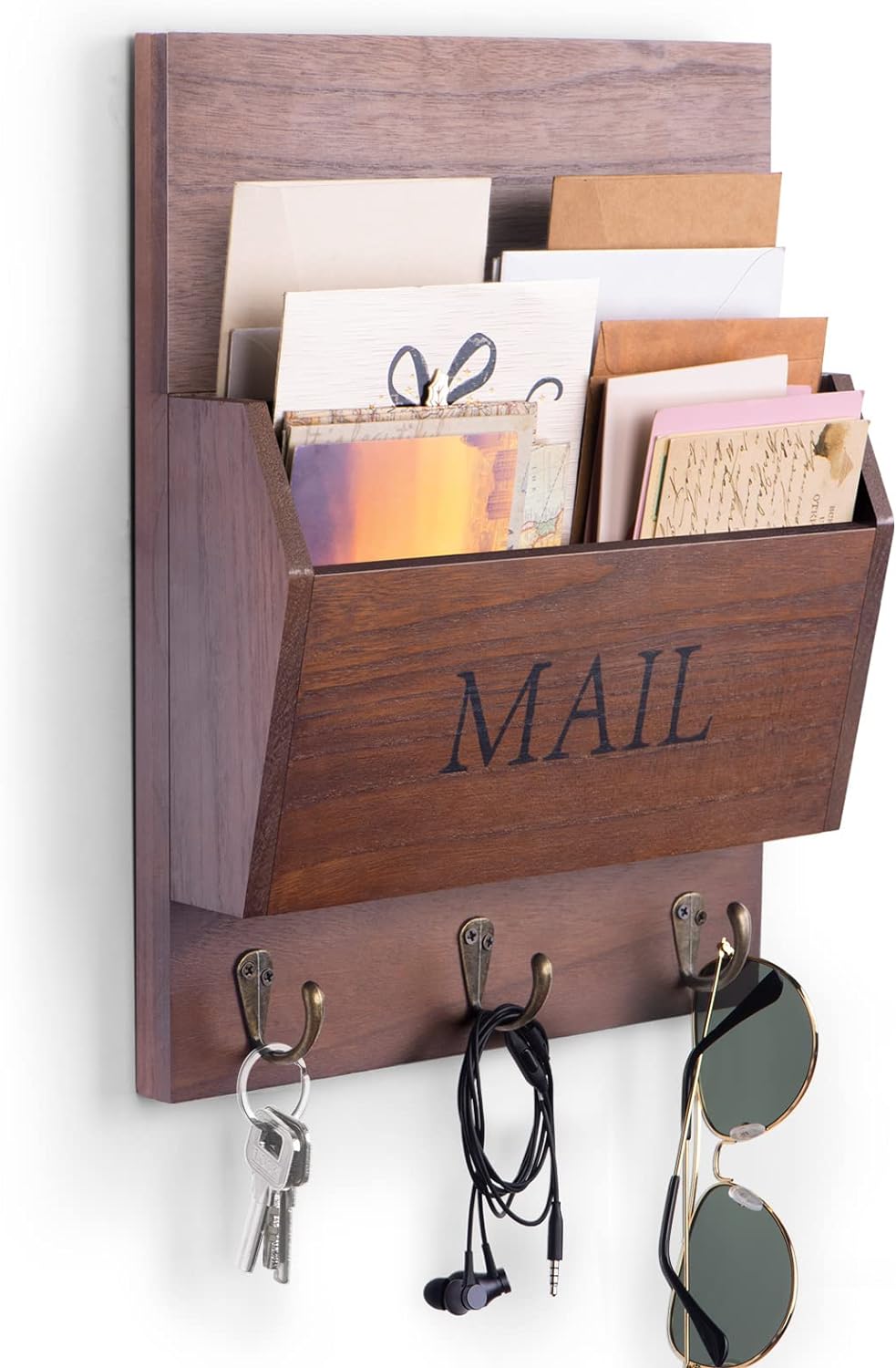 DLQuarts Mail Organizer with Key Holder for Wall, Mail Sorter Wall Mounted, Decorative Wooden Key and Mail Holder with 3 Hooks, Black
