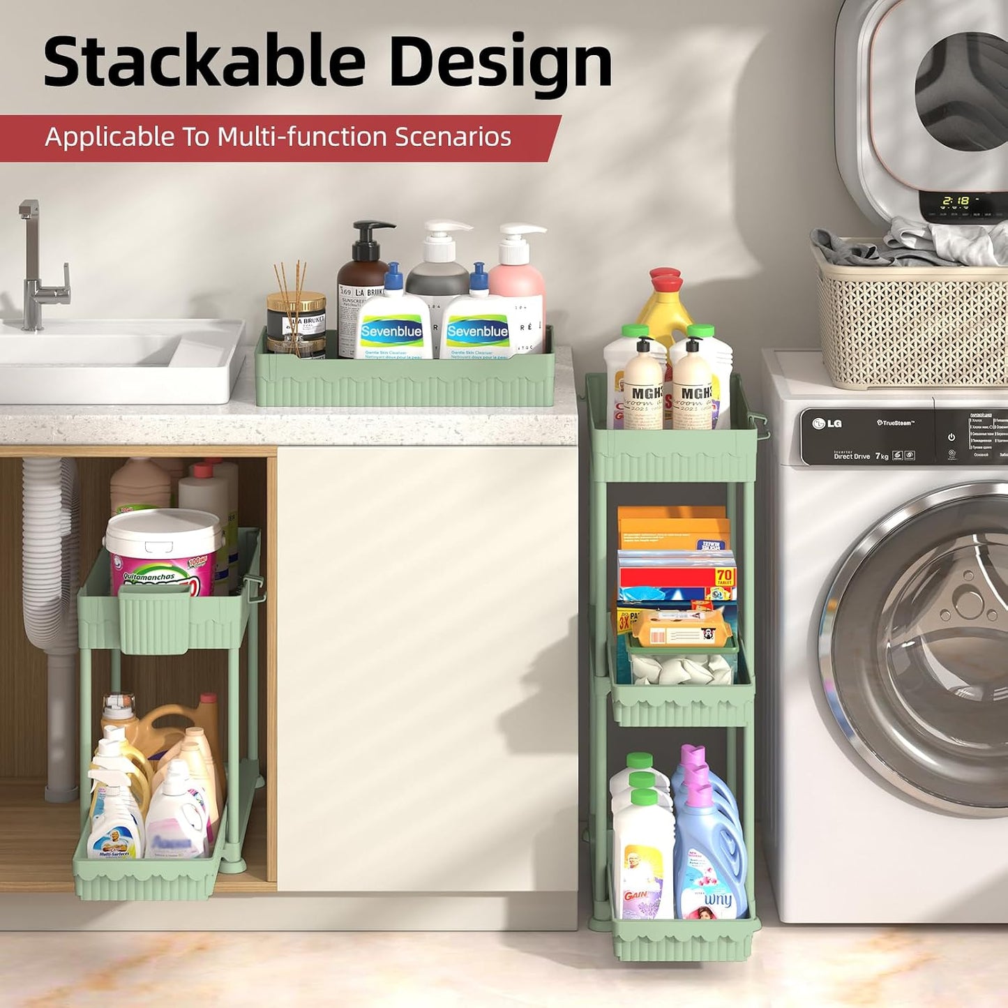Sevenblue 4-Pack 2-Tier Under Sink Organizer with Pull Out Drawers | Multi-use kitchen & bathroom storage. Includes hanging hooks and cups. Black, space-saving cabinet design.