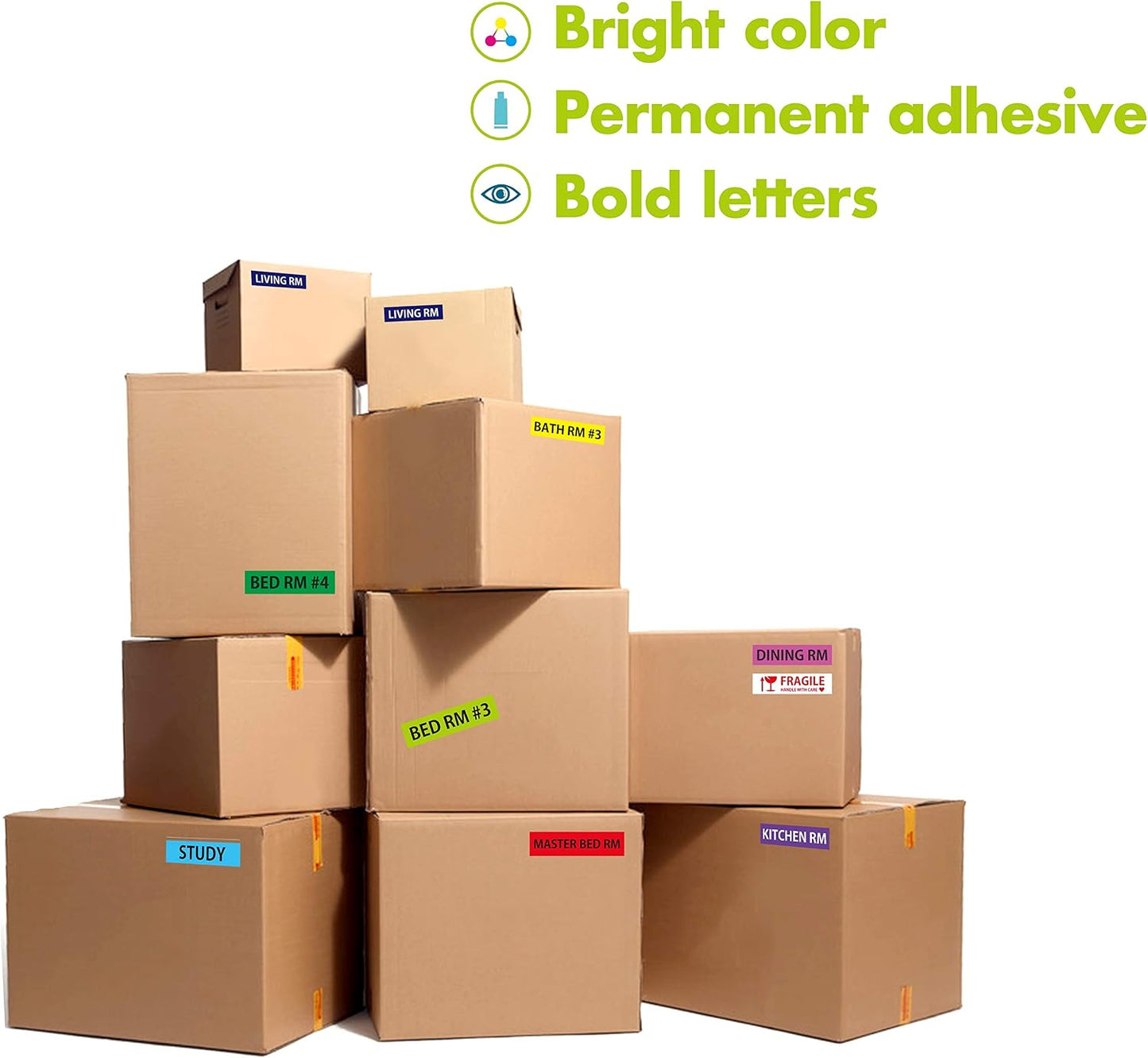 640 Pcs Removable Home Moving Labels 15 Pre-Printed Color-Coded Plus 1 Customizable Blank (Each Measures 4" x 1")