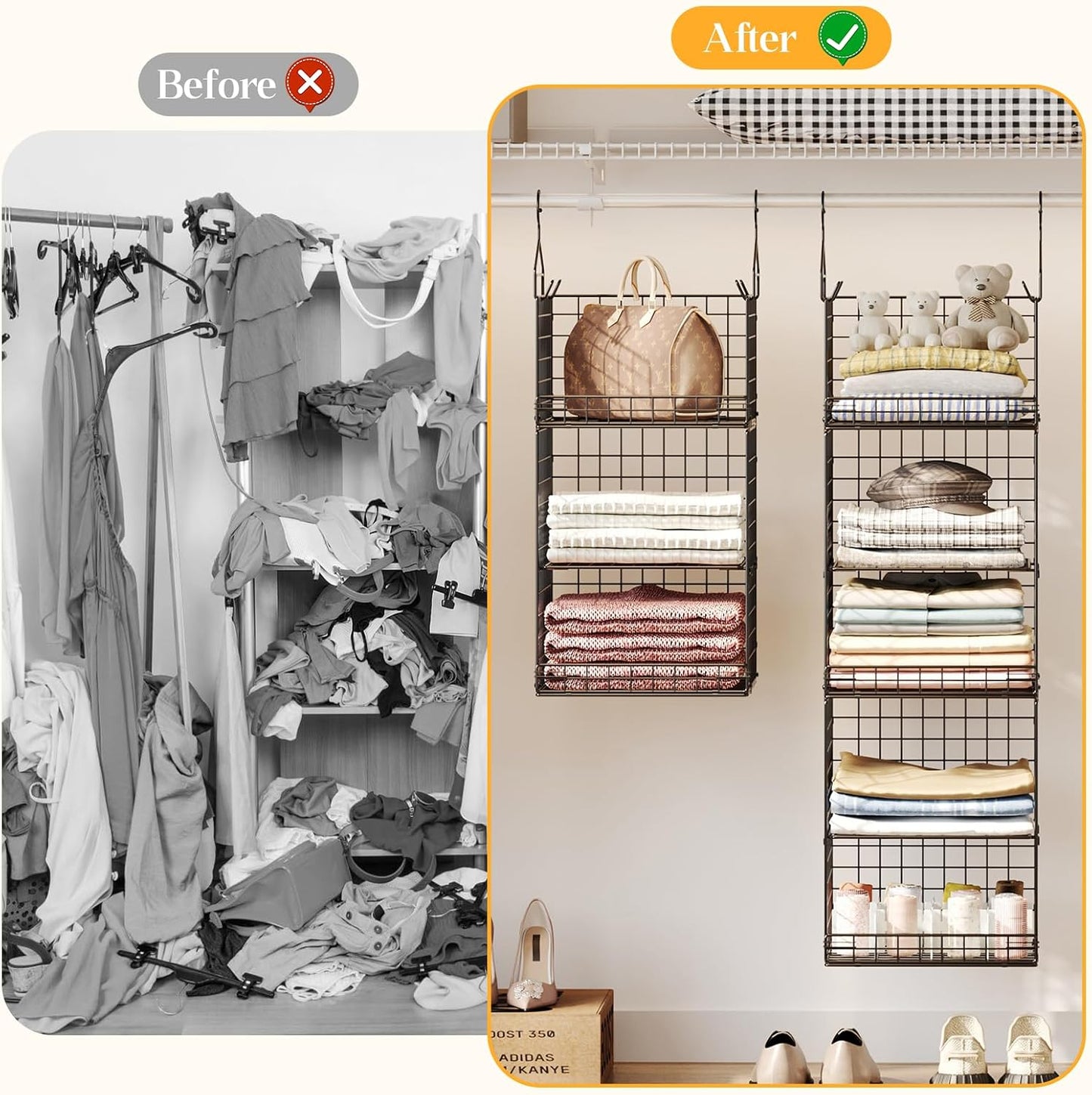 Yuyetuyo 5 Tier Closet Hanging Organizer and Storage Separable Hanging Closet Shelves with 4 Hooks 2 Adjustable Dividers, Wire Storage Basket Bins for Clothing Sweaters Socks Dolls Handbags, Foldable