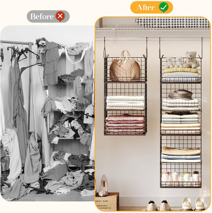 Yuyetuyo 5 Tier Closet Hanging Organizer and Storage Separable Hanging Closet Shelves with 4 Hooks 2 Adjustable Dividers, Wire Storage Basket Bins for Clothing Sweaters Socks Dolls Handbags, Foldable