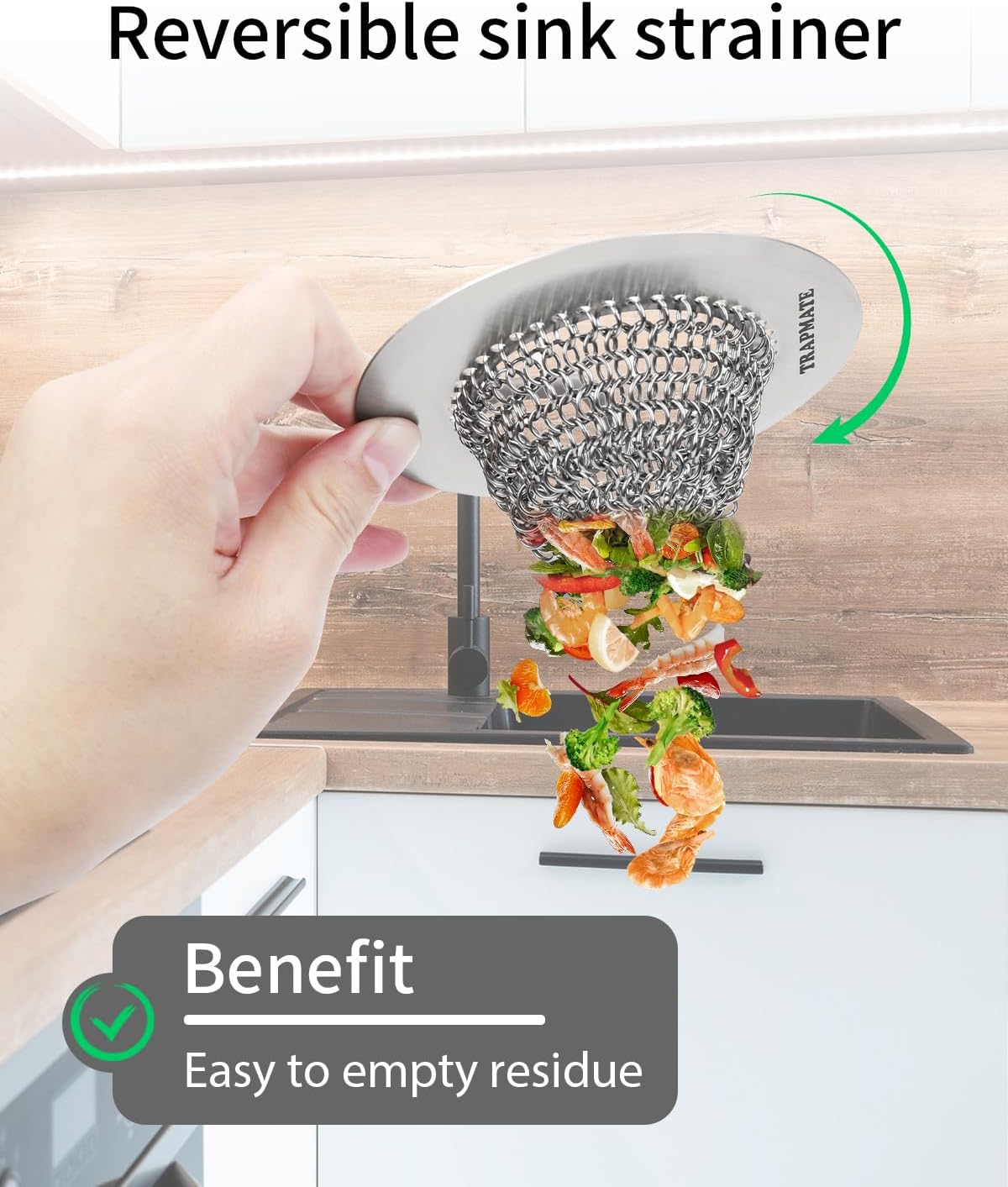 Reversible Kitchen Sink Drain Strainer Basket for Sink & Garbage Disposal | Easy Clean, Anti-Clogging, Fast Drainage, Anti-Slip, Anti-Rust, 304 Stainless Steel, Large Capacity, 4.4",Patented Chain Mesh