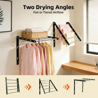Wall Mounted Drying Rack, Pre-Install Adjustable Width 13-23 Inch, 60 lbs Heavy Duty Foldable Laundry Rack, Space Saving Stainless Steel for Apartment Laundry Room Bathroom, Black