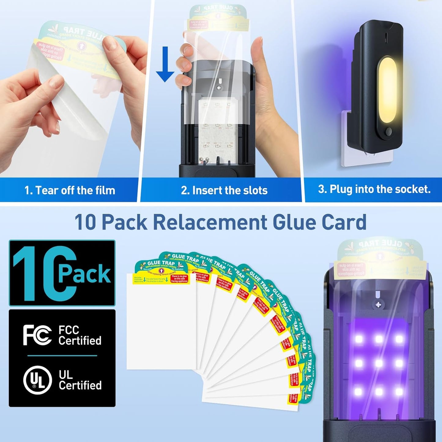 Fruit Fly Trap for Indoors with 10 Refills, 2 in 1 Fly Trap Indoor with Night Light for Home, Gnat Traps for House Indoor, Plug-in Insect Trap for Gnats, Flies, Moths, and Other Bugs-White