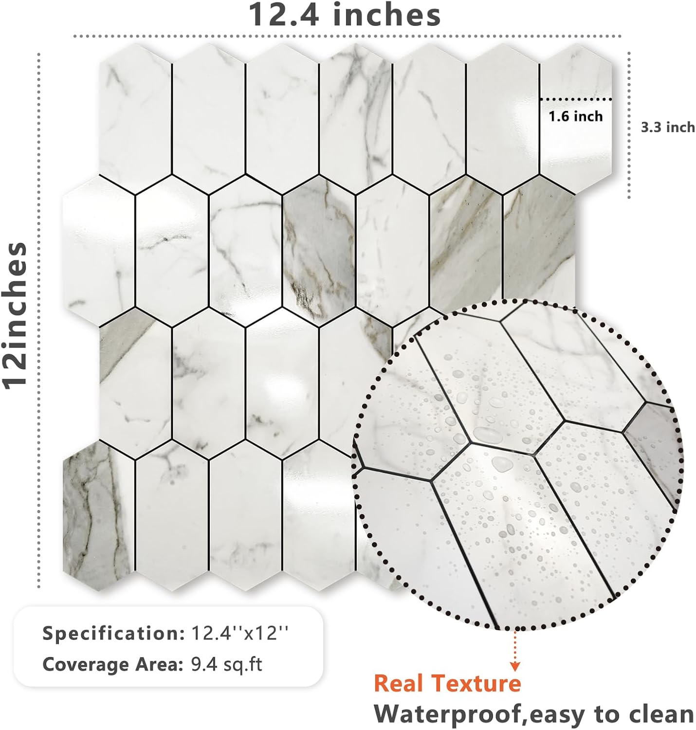 Vamos Tile Long Hexagon Peel and Stick Backsplash Tile - 10 Sheets Stick on Backsplash for Kitchen and Bathroom 12.4 x 12 Inch Glossy Wood Grain PVC Self Adhesive Mosaic Wall Tiles