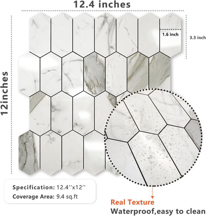 Vamos Tile Long Hexagon Peel and Stick Backsplash Tile - 10 Sheets Stick on Backsplash for Kitchen and Bathroom 12.4 x 12 Inch Glossy Wood Grain PVC Self Adhesive Mosaic Wall Tiles