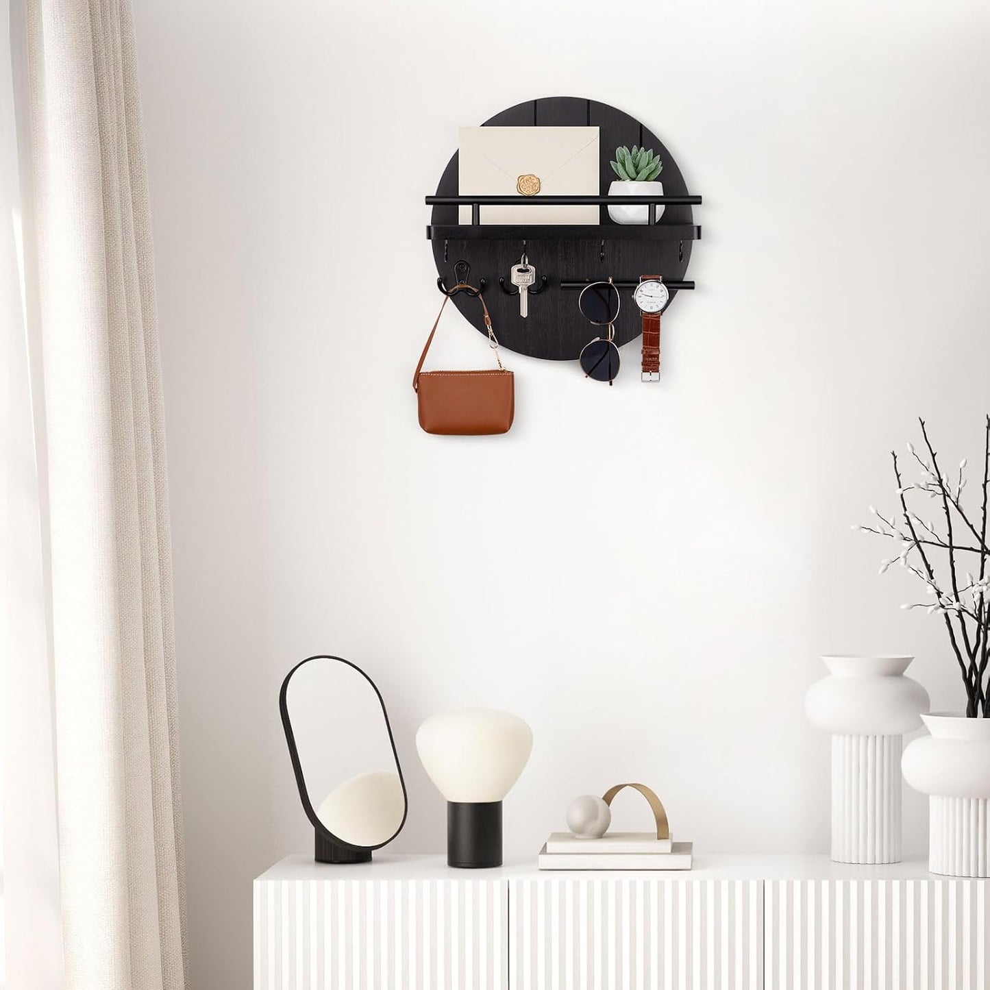 Nekon Key Holder Wall Mount, 11.8 Inch Rack With Shelf and 6 Hooks, Rustic Mail Organizer, Circular Wooden Hanger for Entryway Hallway Kitchen (Brown&Gold)