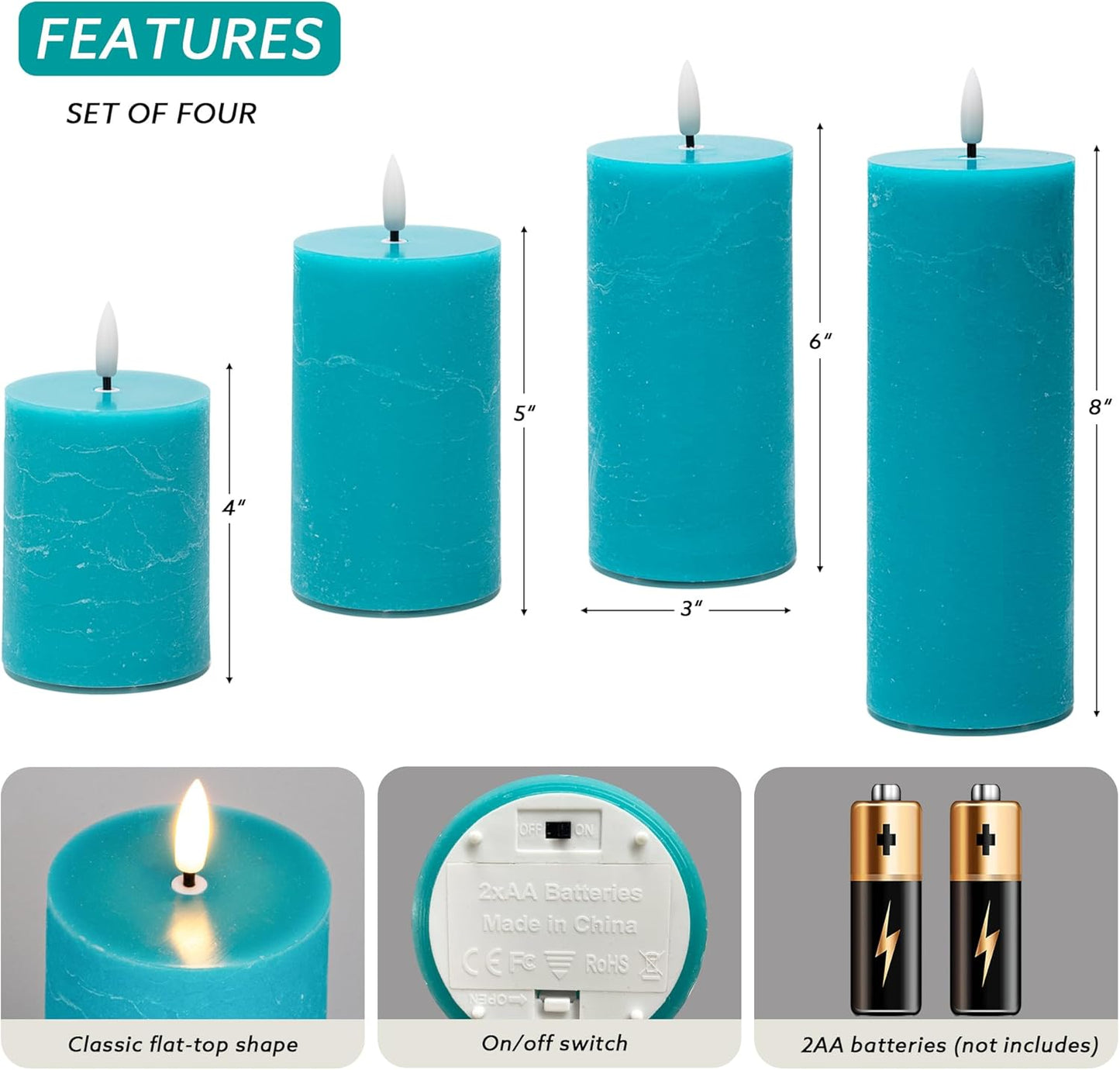 Flickering Flameless Candles, Real Wax Battery Operated Candles with Remote, Flat Top Led Flameless Pillar Candles for Home, Wedding, Party Decor, Set of 4, Φ 3" H 4" 5" 6" 8", Ivory