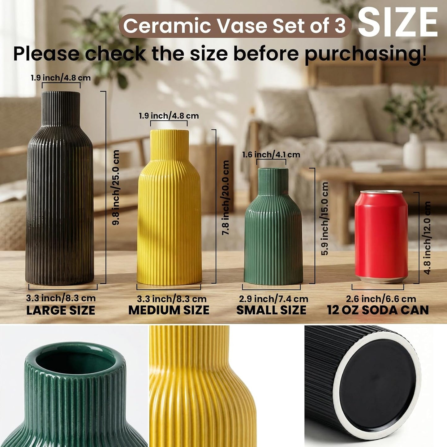 White Ceramic Flower Vases Set of 3, Modern Matte Vertical Ribbed, Nordic Minimalist Decor for Pampas, Dried & Fresh Flowers, Centerpiece for Living Room, Shelf, Entryway, Wedding,Office