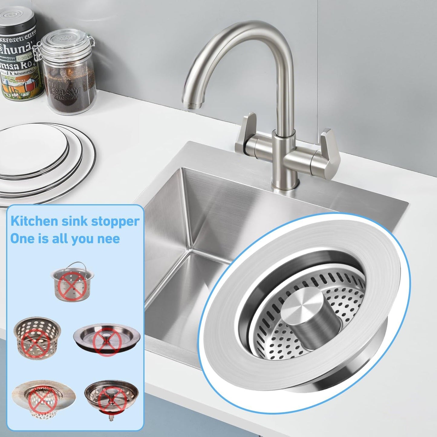 Kitchen Sink Drain Strainer for 3-1/2 Inch Drain Hole, 3-in-1 304 Stainless Steel Pop-Up Sink Strainer and Stopper with Anti-Clog Filter Basket & Food Catcher (Silver, 1 Pack)