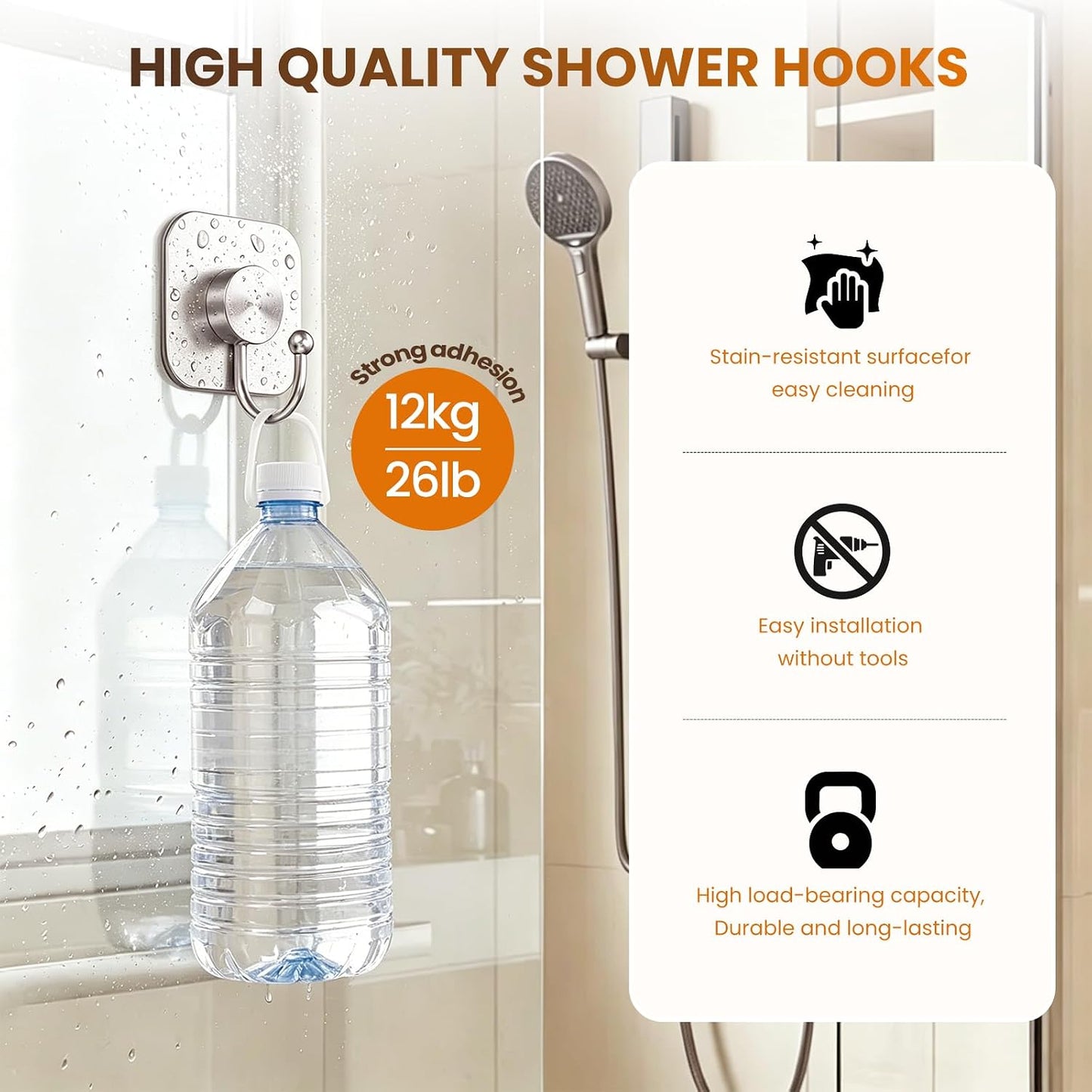 Aikzik 4 Pack Large Heavy Duty Wall Hooks - 26lb Max, Stainless Steel Adhesive Towel Hook, Shower Hooks for Hanging Towel, Coat, Robe, Wall Hook for Use in Bathroom, Kitchen and Door, Matte Black