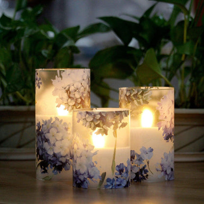 Glass Flameless Candles Flickering Battery Operated LED Pillar Candles Set of 3 with Timer and and 10-Key Remote Green Branch Floral Spring Summer Theme for Wedding Festival Home Decoration