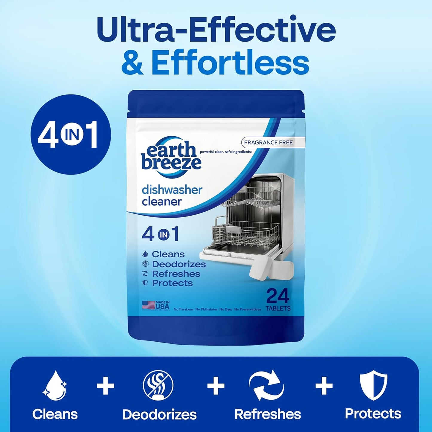 Earth Breeze Dishwasher Cleaner Tablets – 4-in-1 Cleans, Deodorizes, Refreshes & Protects – Removes Odor, Buildup & Residue – Fragrance Free, No Harsh Chemicals, Safe for All Dishwashers - Made in USA