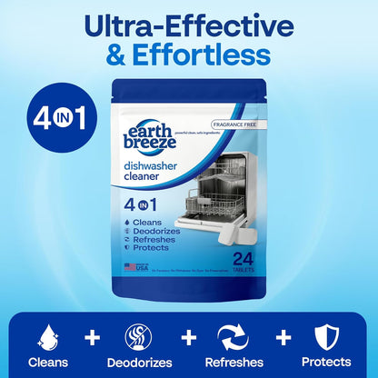 Earth Breeze Dishwasher Cleaner Tablets – 4-in-1 Cleans, Deodorizes, Refreshes & Protects – Removes Odor, Buildup & Residue – Fragrance Free, No Harsh Chemicals, Safe for All Dishwashers - Made in USA