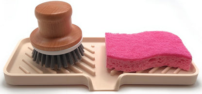 Silicone Soap Dish Tray and Sponge Holder with Drain Chute and Feet | 3-Way Sloped Design | Bathroom and Kitchen Sink Organizer Caddy (Black, 10"x4", 7.8 Ounces)