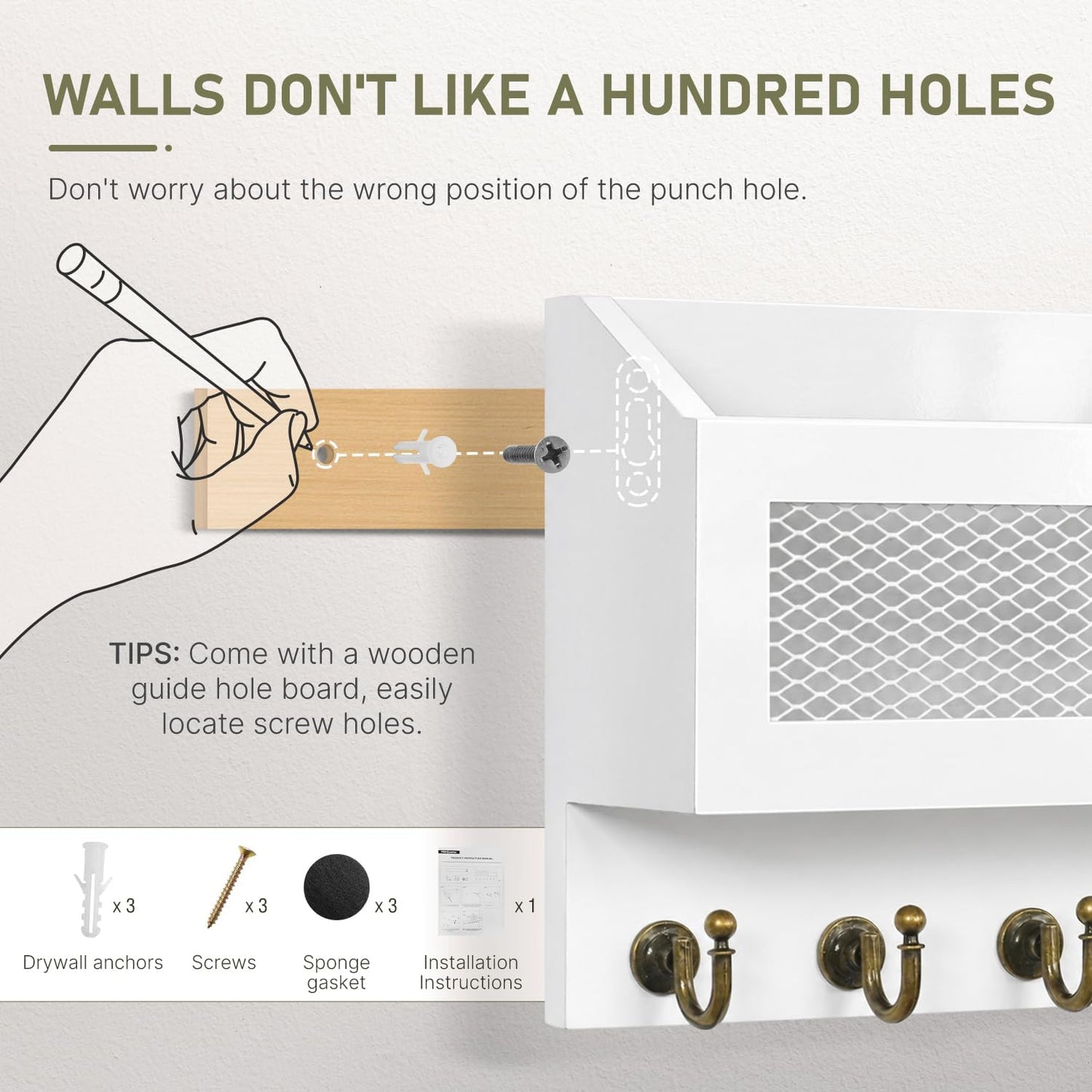 FifthQuarter Key Holder Wall Mount: Key and Mail Holder for Wall with 6 Hooks and Storage Drawer, Easy Installation Key Rack for Entryway Home Decor (A-White)