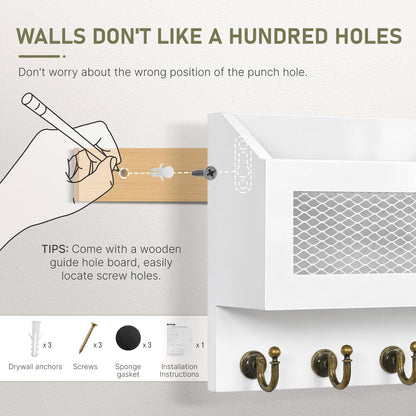 FifthQuarter Key Holder Wall Mount: Key and Mail Holder for Wall with 6 Hooks and Storage Drawer, Easy Installation Key Rack for Entryway Home Decor (A-White)