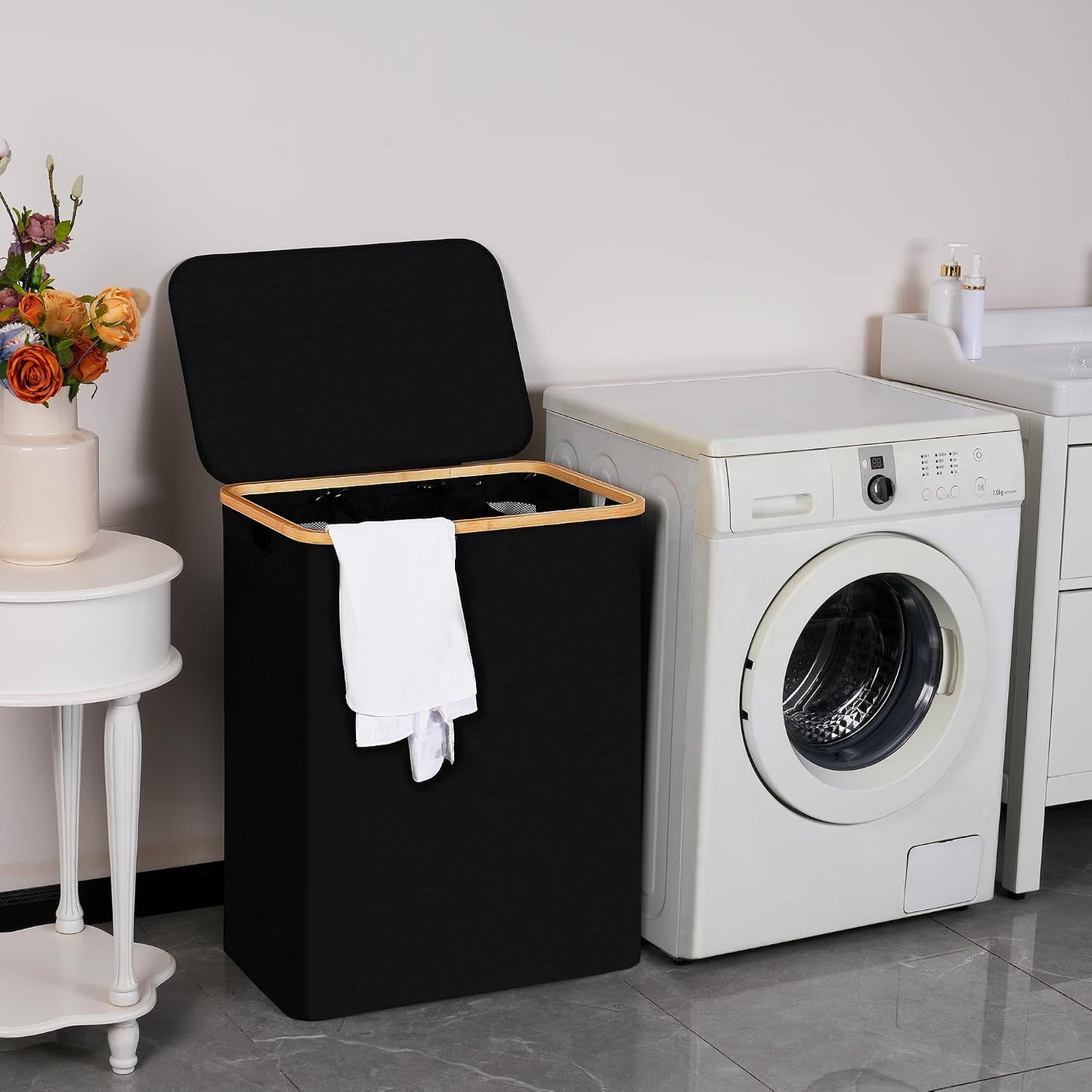 efluky Laundry Hamper with Lid, Trio Laundry Basket with 2 Removable Bags, 3 Section Laundry Bin with Bamboo Handles for Bathroom, Bedroom & Laundry Room, 160L (42.3 Gallon) Beige