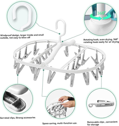Plastic PP Drying Hanger, Anti-Rusty Drying Rack for Clothes, Socks, Lingeries, Delicates, Drying Hanger with 32 Clips for Baby Clothes, Towels