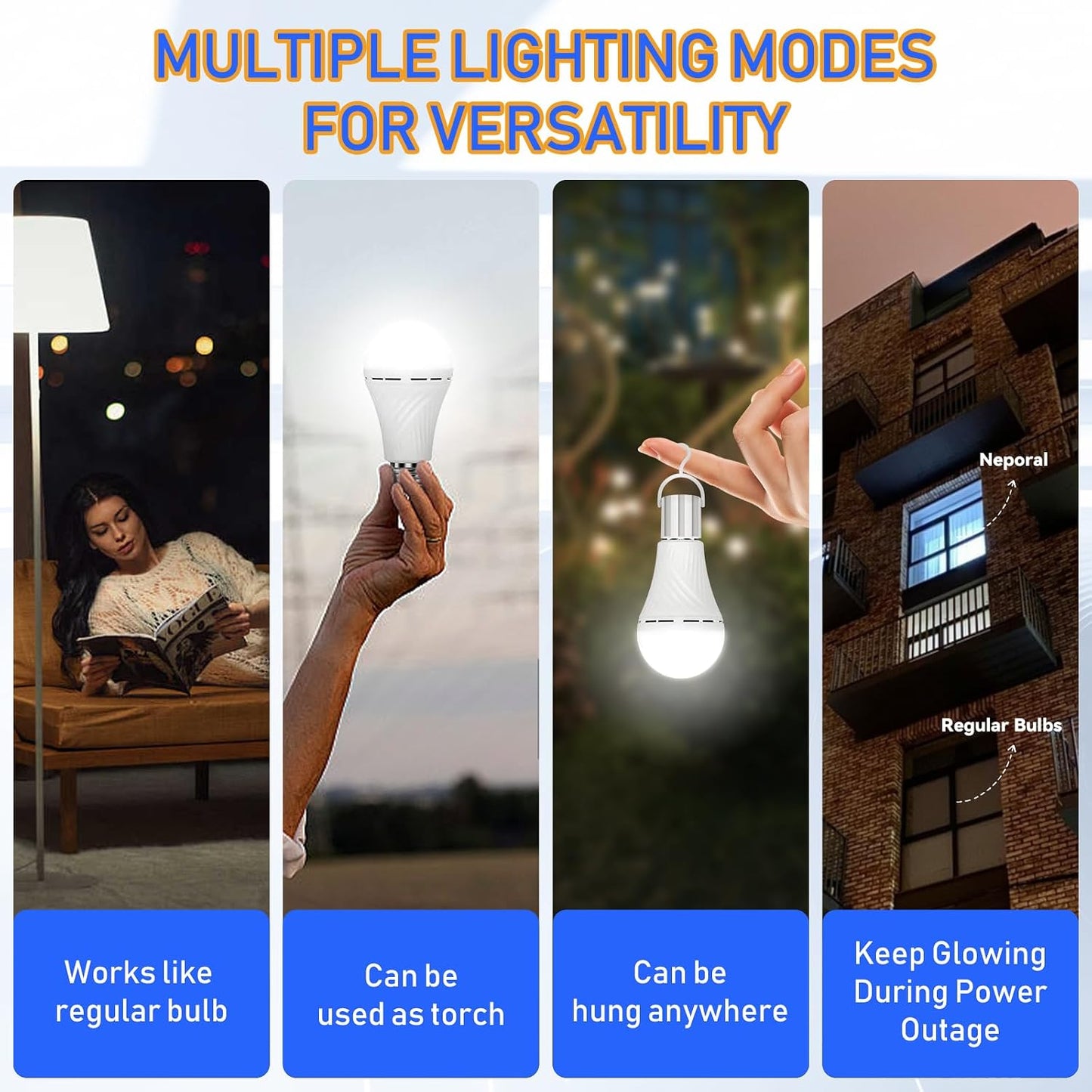 Neporal LITE Emergency Rechargeable Light Bulbs A19, Light Up to 48 hrs, Battery Operated Light Bulb, 5000K E26 LED Bulb, Emergency Lights for Home Power Failure
