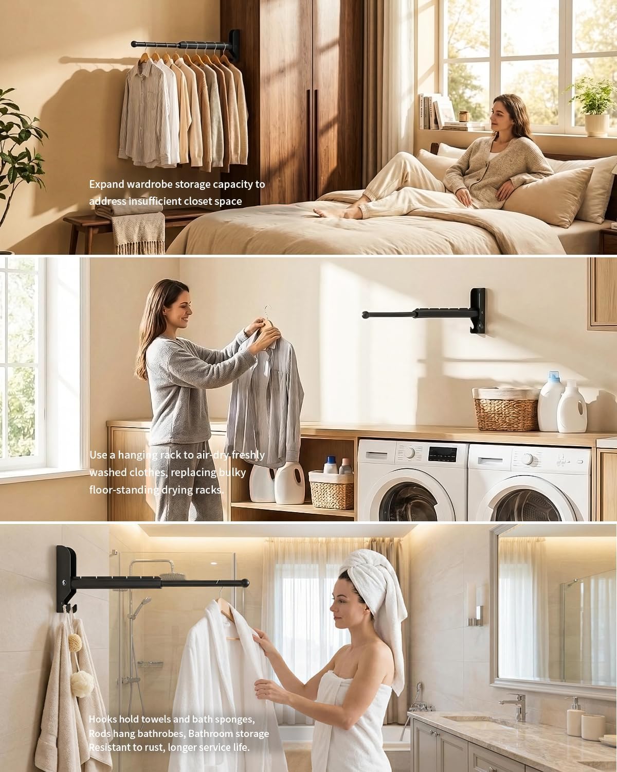 BaiNong Pull Out Wall Mounted Clothes Drying Rack Black 13" Foldable | Laundry and Drying Solutions for Small Spaces Easy to Install