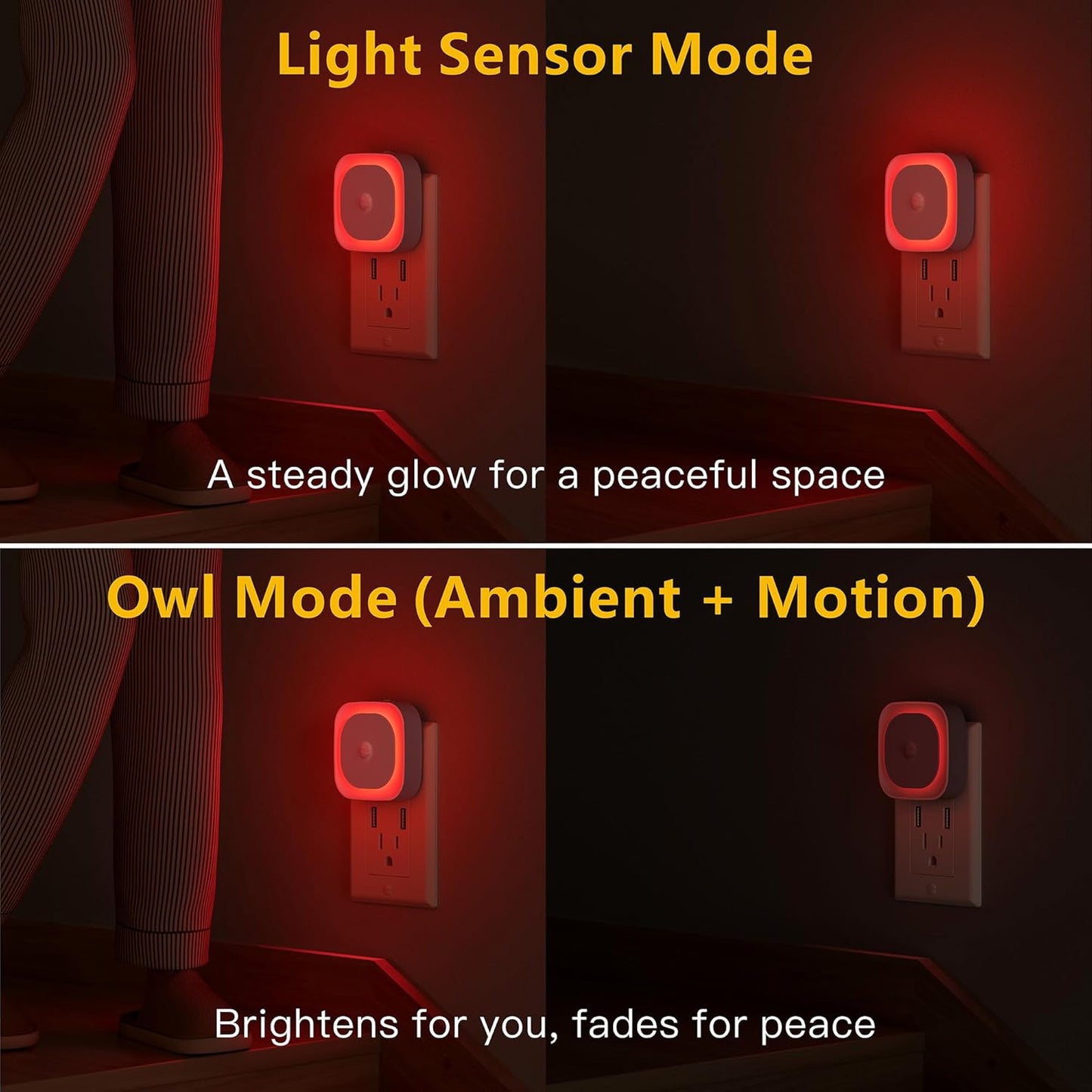YUNLEX 2 Pack Plug in Red Sleep Night Light with Motion Sensor & Dusk to Dawn Sensor, Soft Glow, 0% Blue Light, Dimmable, Auto On/Off, LED Lights for Bedroom, Kids, Bathroom, Hallway, as Mother Gifts