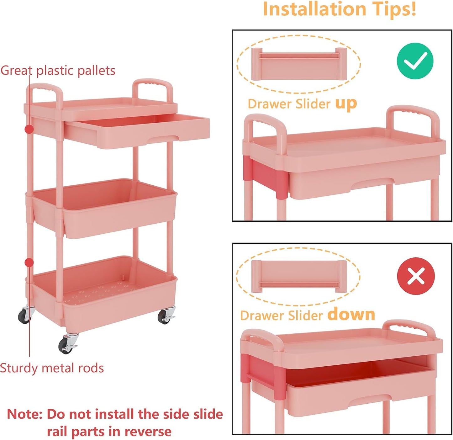 Calmootey 3-Tier Rolling Utility Cart with Drawer,Multifunctional Storage Organizer with Plastic Shelf & Metal Wheels,Storage Cart for Kitchen,Bathroom,Living Room,Office,White