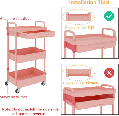 Calmootey 3-Tier Rolling Utility Cart with Drawer,Multifunctional Storage Organizer with Plastic Shelf & Metal Wheels,Storage Cart for Kitchen,Bathroom,Living Room,Office,White