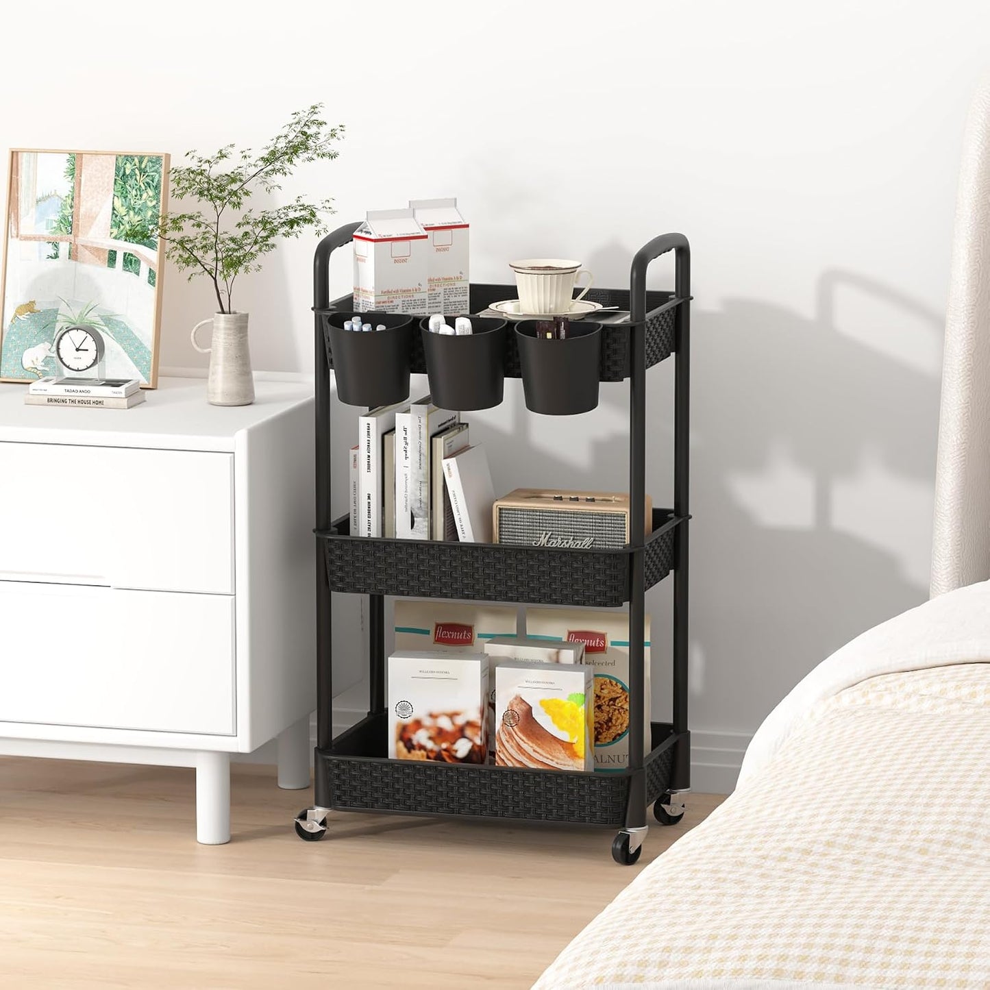 MOYIPIN 3-Tier Plastic Rolling Utility Cart with Handle,Utility Storage Cart for Office, Living Room, Kitchen,Movable Storage Organizer Shelves,White