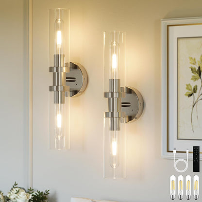 Battery Operated Wall Sconce Set of 2, 10000mAh Rechargeable Wireless Wall Lights Remote Control, Cordless Timer Dimmable Glass Wall Lamps for Living Room Bedside Entryway Emergency Gold 16.5 Inch
