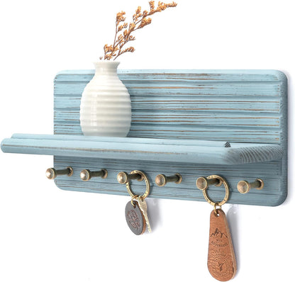 Rebee Vision Farmhouse Key Holder Wall Mount for Home Decor – Decorative Pine Wooden Key Holder for Wall with 6 Hooks & Floating Shelf - Rustic Charm for Room Decor Aesthetic (Brown)