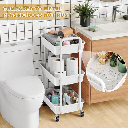 3 Tier Rolling Cart with Wheels, White Plastic Three Tiered Roller Shelf Cart on Lockable Wheels, Small Utility Storage Organzier Carts for Craft, Art, Baby Diaper Caddy, Snack, Dorm, Kitchen,Bathroom