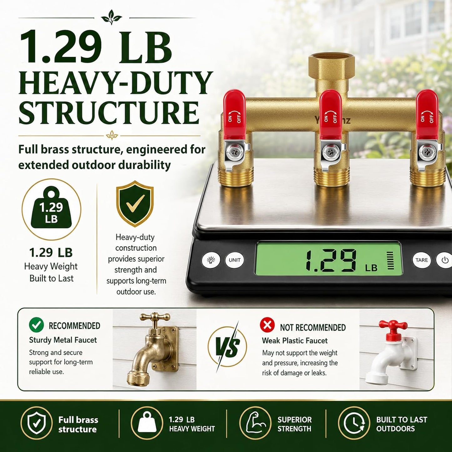 Garden Hose Splitter 3-Way, Heavy Duty Brass Hose Splitter | Outdoor Water Spigot Splitter, Full Flow, Long Handles, Shut-off Valves, Wide Spacing Fit Large Timer