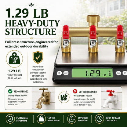 Garden Hose Splitter 3-Way, Heavy Duty Brass Hose Splitter | Outdoor Water Spigot Splitter, Full Flow, Long Handles, Shut-off Valves, Wide Spacing Fit Large Timer
