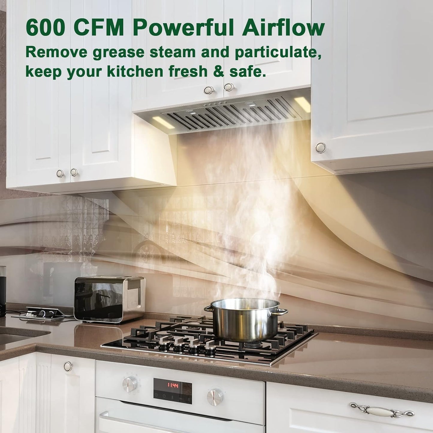 Range Hood Insert/Built-in 36 inch,Ultra Quiet Powerful Vent Hood with LED Lights, 3 Speeds 600 CFM, Stainless Steel - Akicon