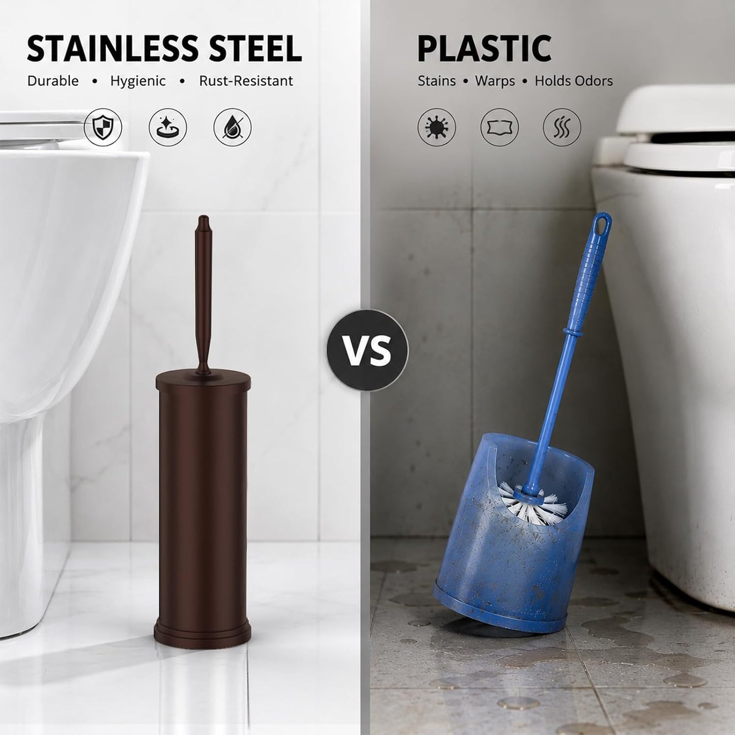 Stainless Steel Toilet Brush and Holder Set : Weighted Stable Base, Removable Inner Tube.Long Handle Toilet Bowl Brush Splash-Proof Design for Deep Cleaning & Space-Saving Storage,Nickel