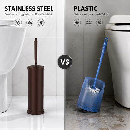 Stainless Steel Toilet Brush and Holder Set : Weighted Stable Base, Removable Inner Tube.Long Handle Toilet Bowl Brush Splash-Proof Design for Deep Cleaning & Space-Saving Storage,Nickel